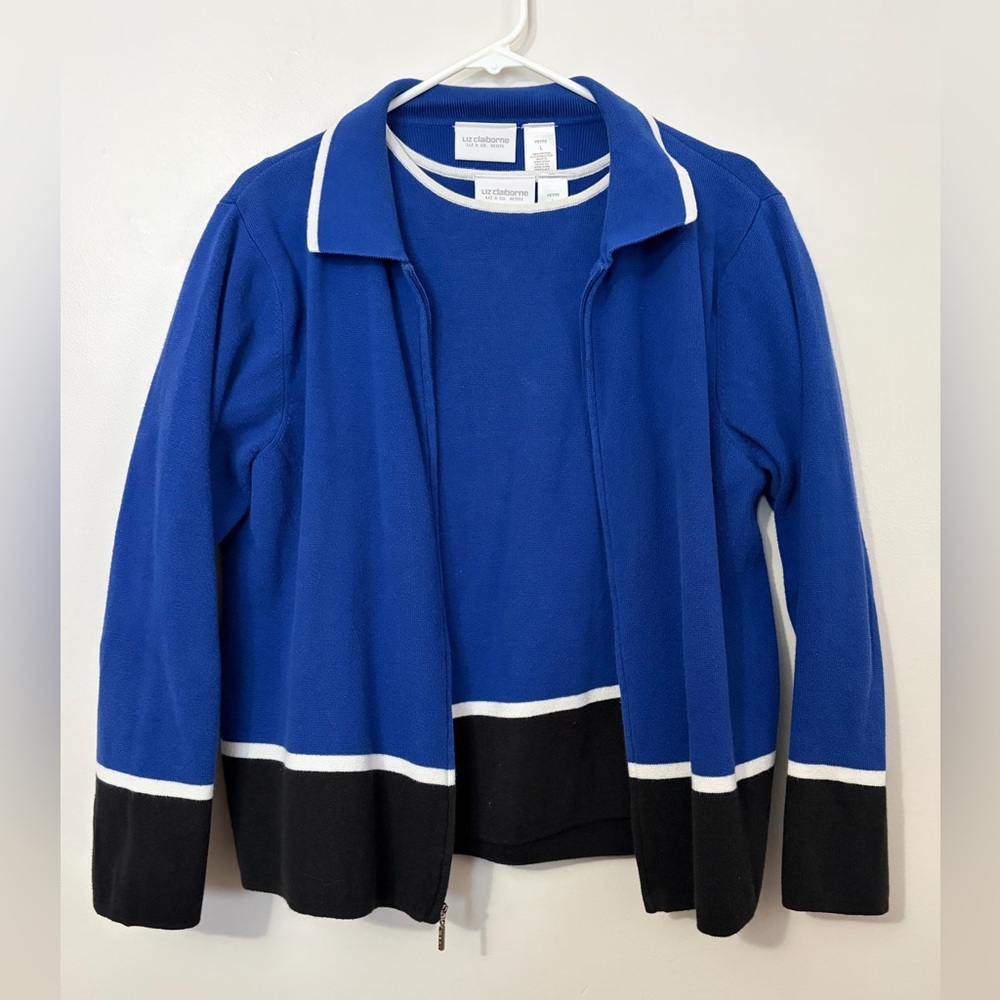 100% Cotton Vintage Sporty Two-Piece Knit Full Zip Color-block Sweater Set